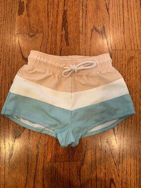 Minnow Color Block Tri-Color Swim Board Short Trunks | Tan White Aqua | 2T